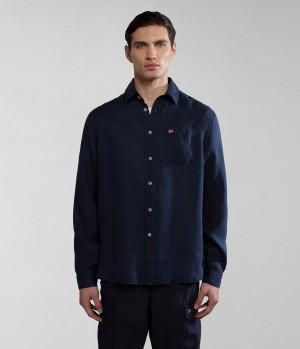 Chemises Napapijri Linen Long Sleeve Shirt Homme Bleu Foncé | 3978MNXLJ