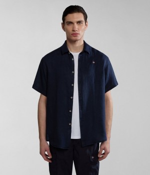 Chemises Napapijri Linen Short Sleeve Shirt Homme Bleu Foncé | 0951HKWOI
